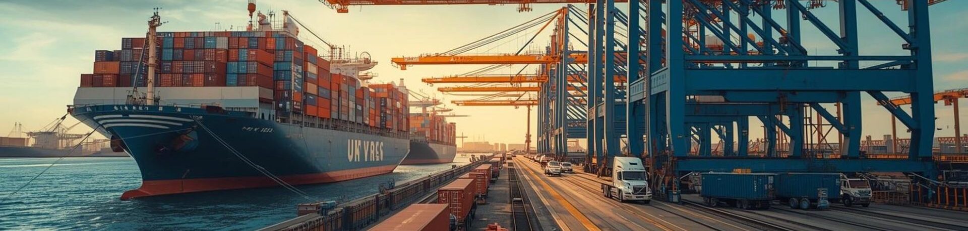 Cargo ship docked offloading imports and loading exports